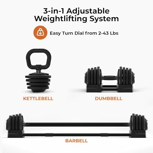3-in-1 adjustable weightlifting system with kettlebell, dumbbell, and barbell