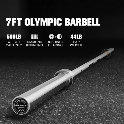 7ft Olympic barbell with 500lb weight capacity, diamond knurling, bushing and bearing, 44lb bar weight.