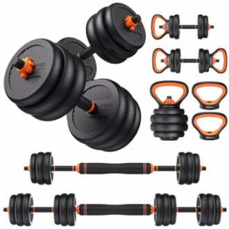 Adjustable dumbbell and kettlebell set with weights and connectors.
