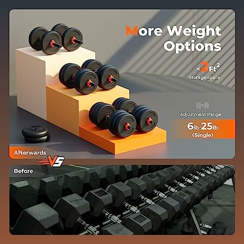 Adjustable dumbbells with space-saving design and weight options comparison.