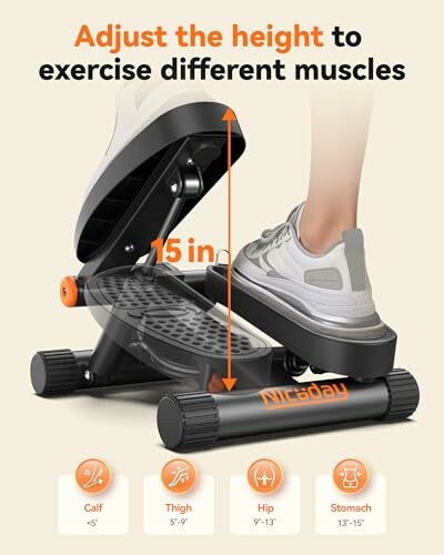 Adjustable stepper for exercise with foot on pedal, showing height adjustment for different muscles.