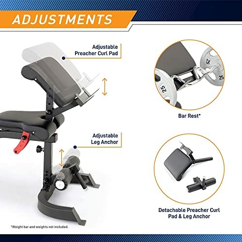 Illustration of adjustable weight bench with preacher curl pad and leg anchor