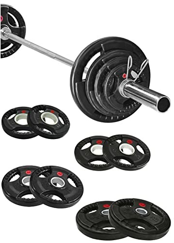 Barbell with black weight plates and clips.