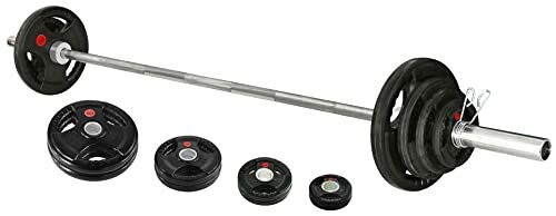 Barbell with weight plates and clips.