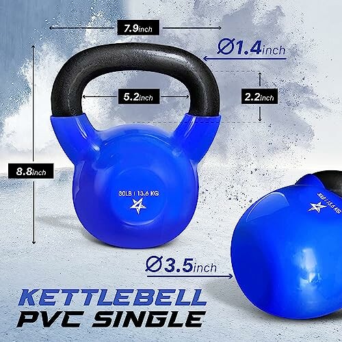 Blue PVC kettlebell with dimensions labeled.