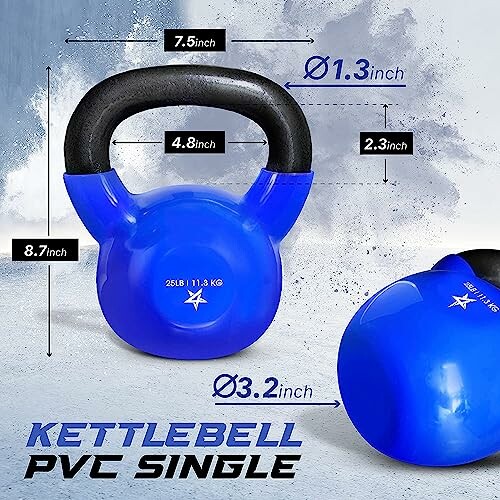 Blue PVC kettlebell with dimensions labeled