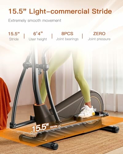 Elliptical trainer with 15.5-inch stride, suitable for 6'4'' user height, featuring 8 joint bearings and zero joint pressure.