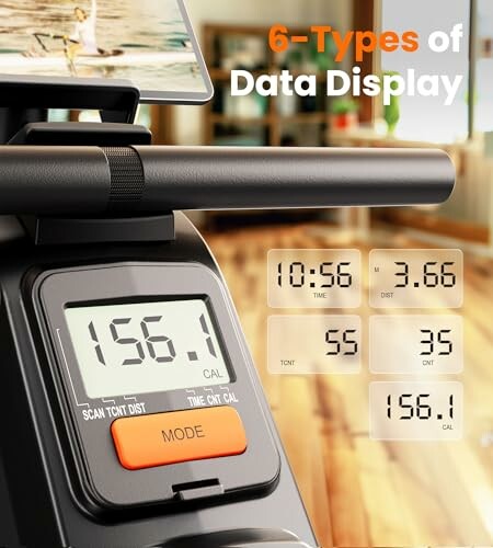 Exercise bike console showing 6 types of data display options.
