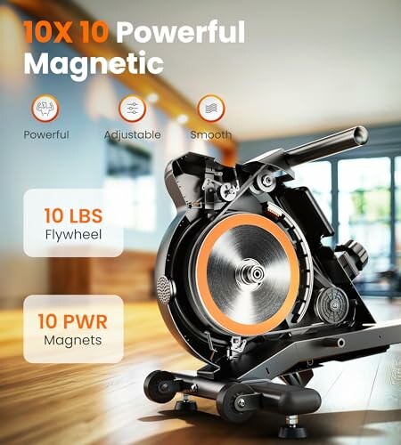 Exercise bike with 10 lbs flywheel and 10 power magnets in a home setting.