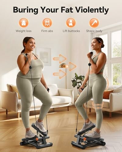 Two women exercising on a stepper in a living room with benefits highlighted.