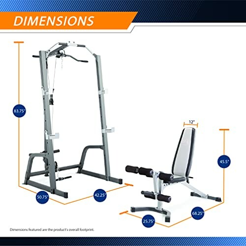 Dimensions of home gym equipment with a bench and a rack.