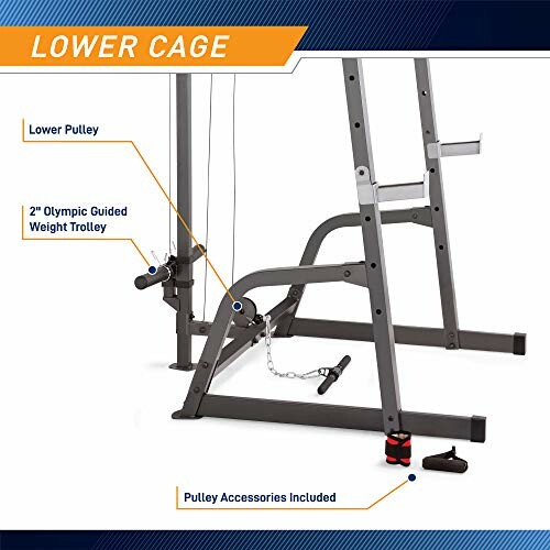 Home gym lower cage with pulley system and accessories.