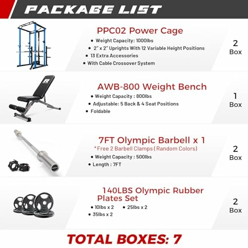 Package list for home gym equipment including power cage, weight bench, Olympic barbell, and rubber plates.