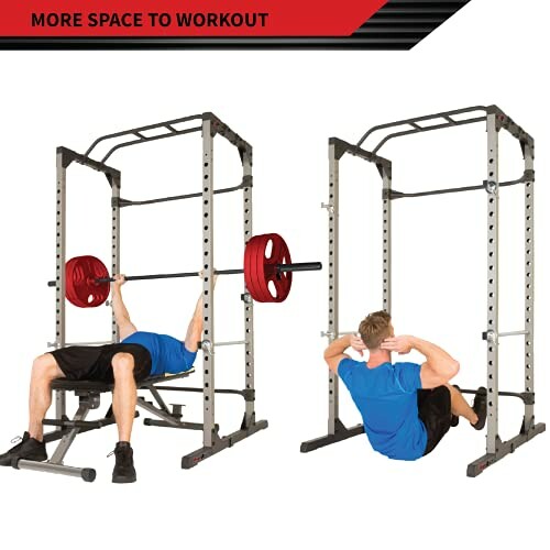 Man using a power rack for bench press and sit-ups.