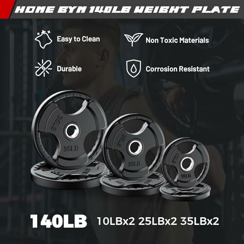 Home gym 140lb weight plate set with features: easy to clean, durable, non-toxic, corrosion resistant.
