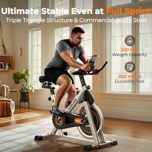 Man using a stable exercise bike with weight capacity and durability details.