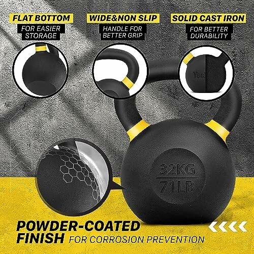 32kg kettlebell with flat bottom, wide non-slip handle, solid cast iron, powder-coated finish.