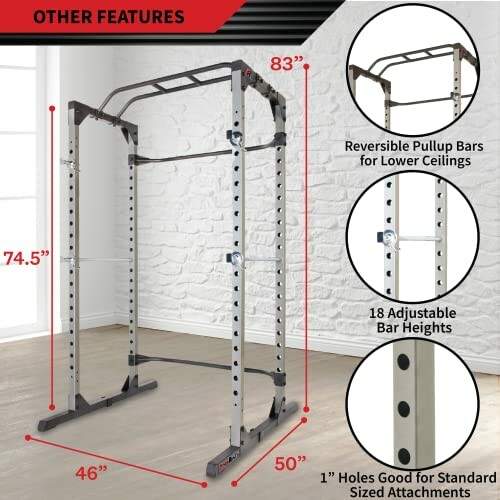 Power rack with dimensions and features highlighted.