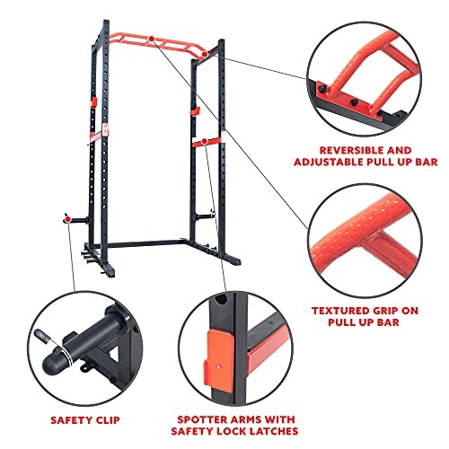 Power rack with adjustable pull-up bar, textured grip, safety clip, and spotter arms with lock latches.