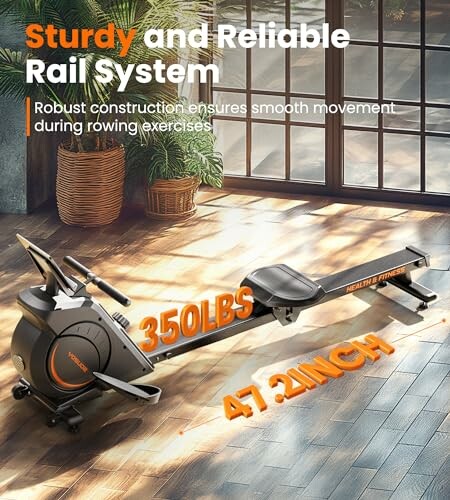 Rowing machine with sturdy and reliable rail system.