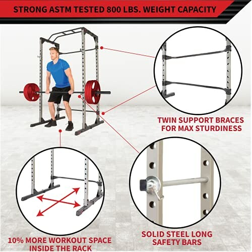 Weightlifting power rack with features highlighted, including twin support braces, solid steel safety bars, and spacious workout area.